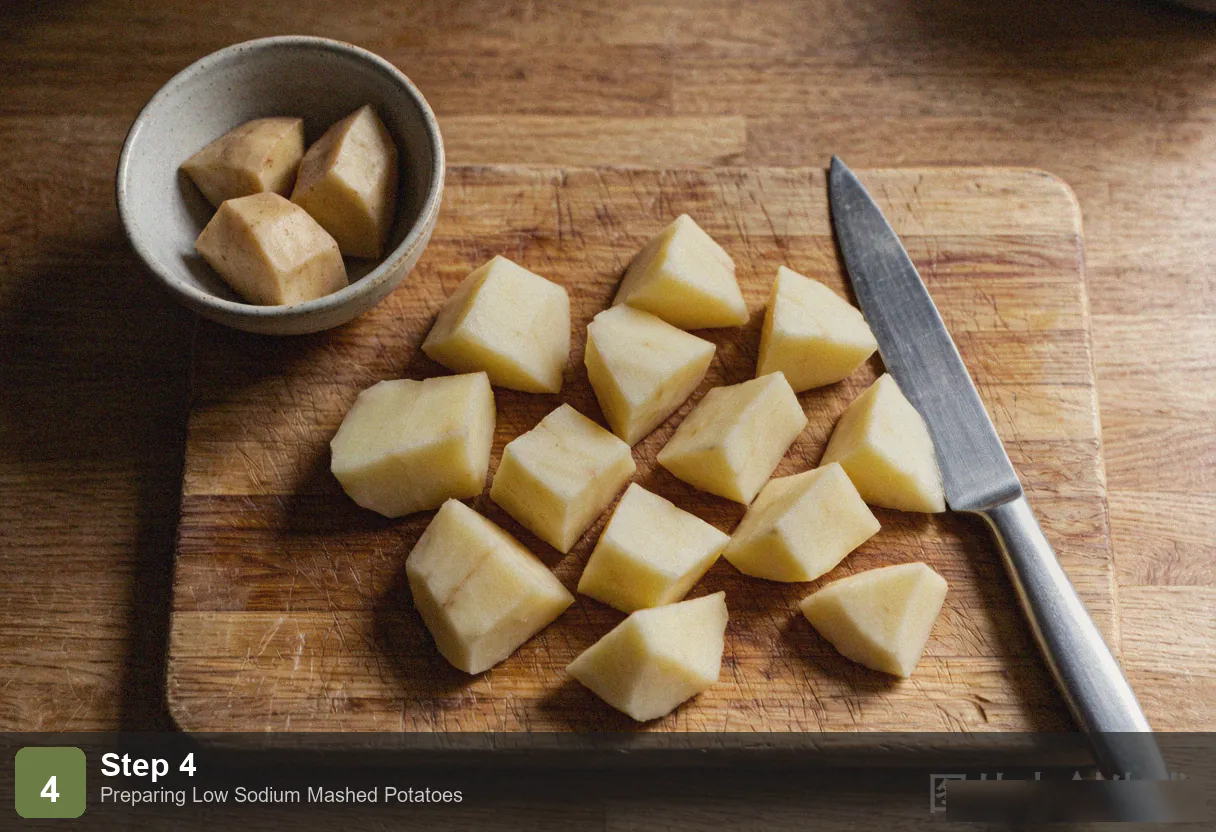 Low sodium mashed potatoes step 4: potatoes being mashed with butter and roasted garlic, creamy texture forming Low sodium mashed potatoes step 4: potatoes being mashed with butter and roasted garlic, creamy texture forming