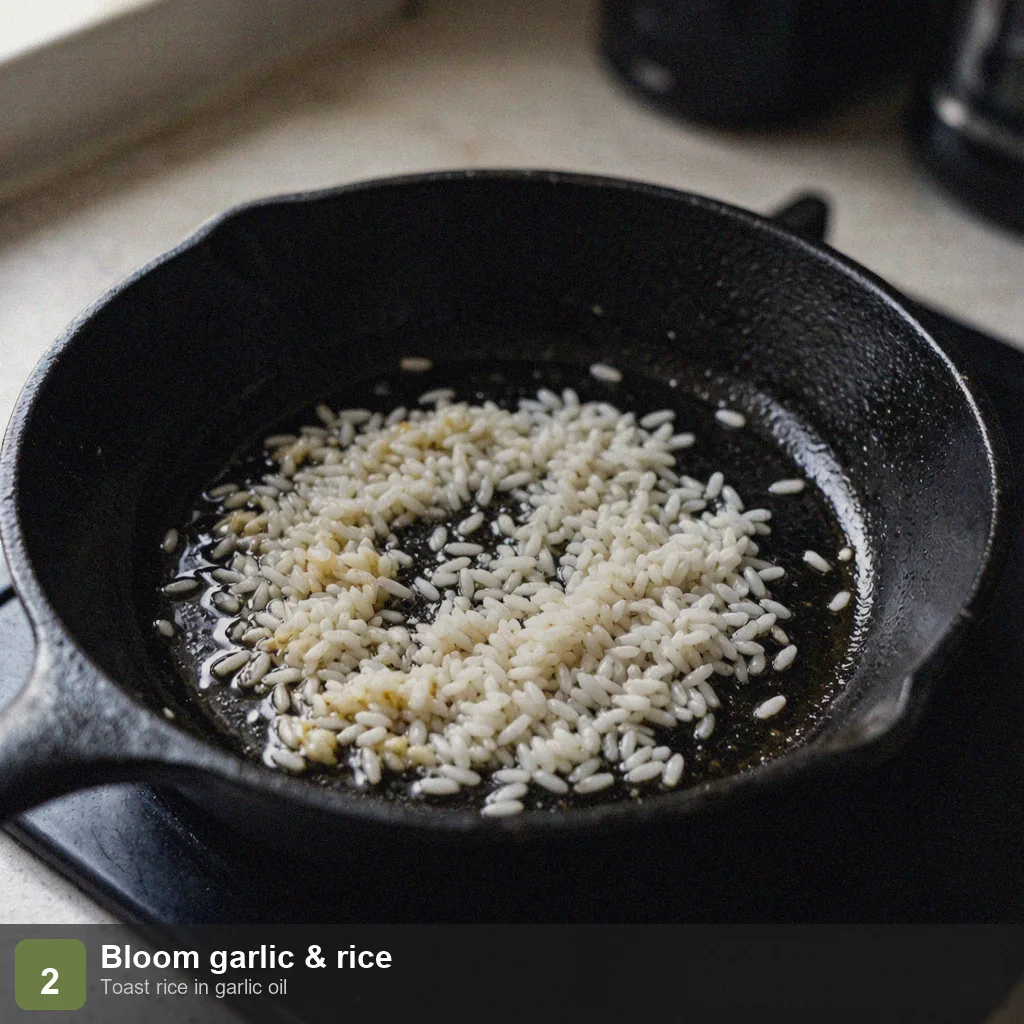 Low sodium one pot meal step 2: garlic sizzling, rice toasted in oil until translucent