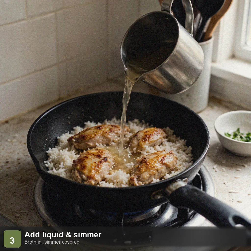 Low sodium one pot meal step 3: liquid added with herbs, chicken returned, simmering covered