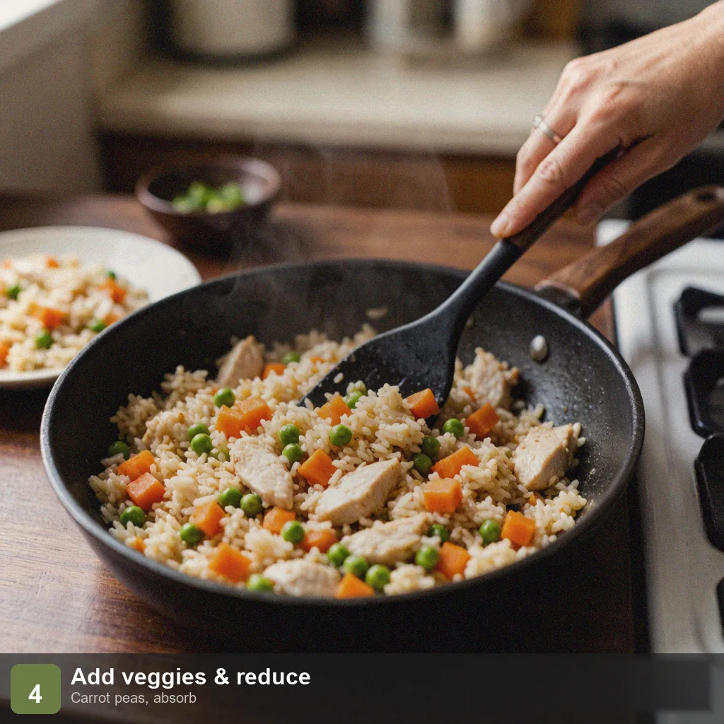 Low sodium one pot meal step 4: carrots and peas stirred in, liquid absorbed, rice fluffy