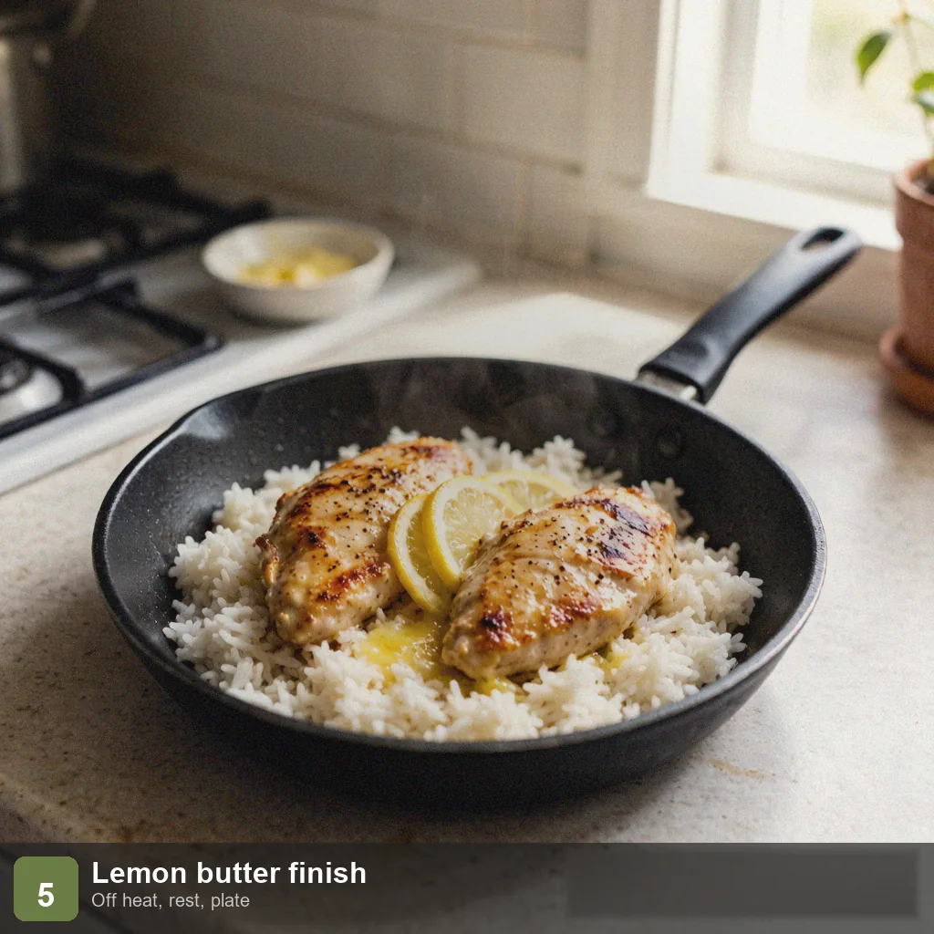 Low sodium one pot meal step 5: lemon juice and butter stirred in off heat, rested and plated, no salt