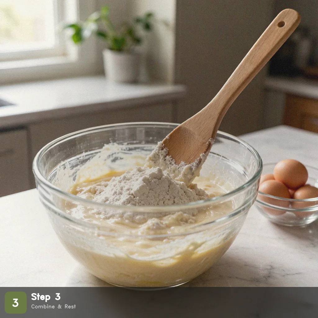 Low sodium pancakes step 3: combine and rest batter