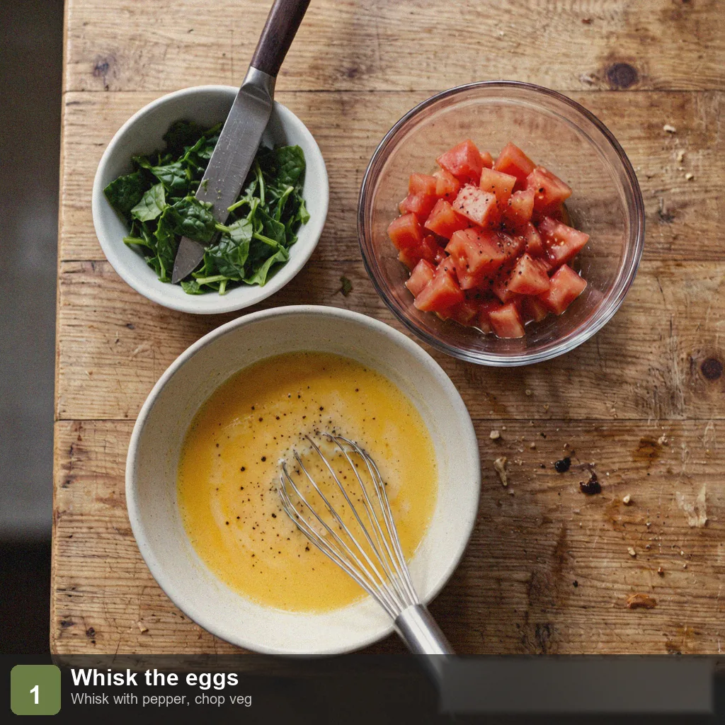 Low sodium quick breakfast step 1: eggs being whisked in a bowl with pepper, spinach and tomato prepped
