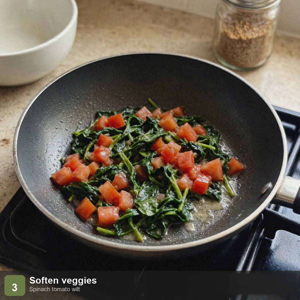 Low sodium quick breakfast step 3: spinach and tomato softening in the buttered pan