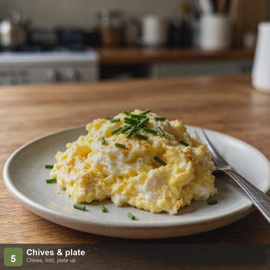Low sodium quick breakfast step 5: plated fluffy scramble topped with chives, no salt added, ready to eat