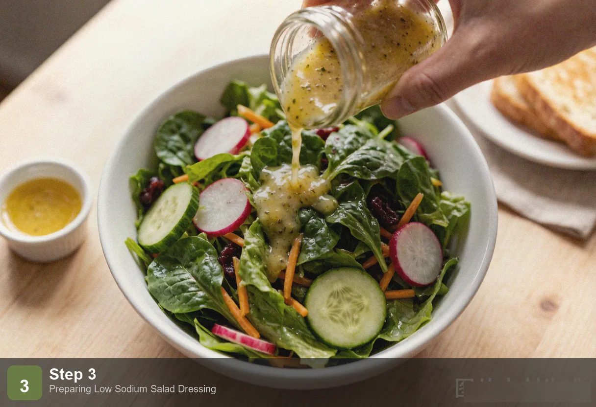 Low sodium salad dressing: lemon herb vinaigrette in a jar, bright yellow-green color with visible lemon zest and herb bits Low sodium salad dressing: lemon herb vinaigrette in a jar, bright yellow-green color with visible lemon zest and herb bits