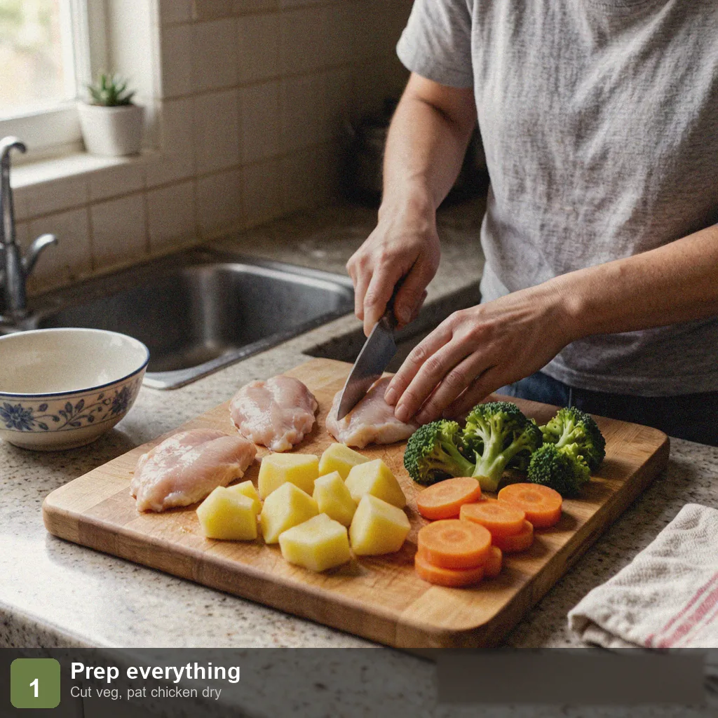 Low sodium sheet pan dinner step 1: chicken, potatoes, carrot and broccoli prepped on board, no salt