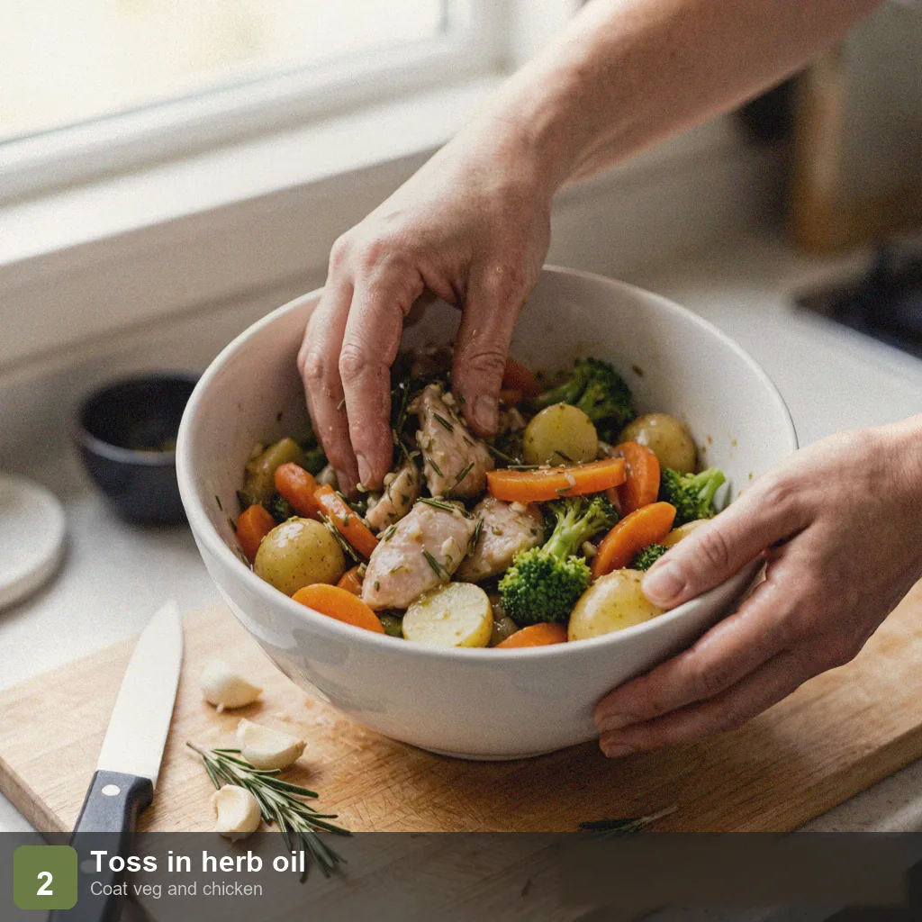 Low sodium sheet pan dinner step 2: vegetables and chicken tossed in olive oil herb mixture
