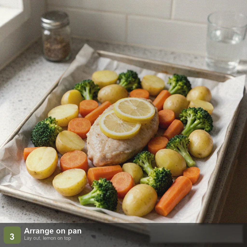 Low sodium sheet pan dinner step 3: arranged on sheet pan, chicken with lemon slices, no overcrowding