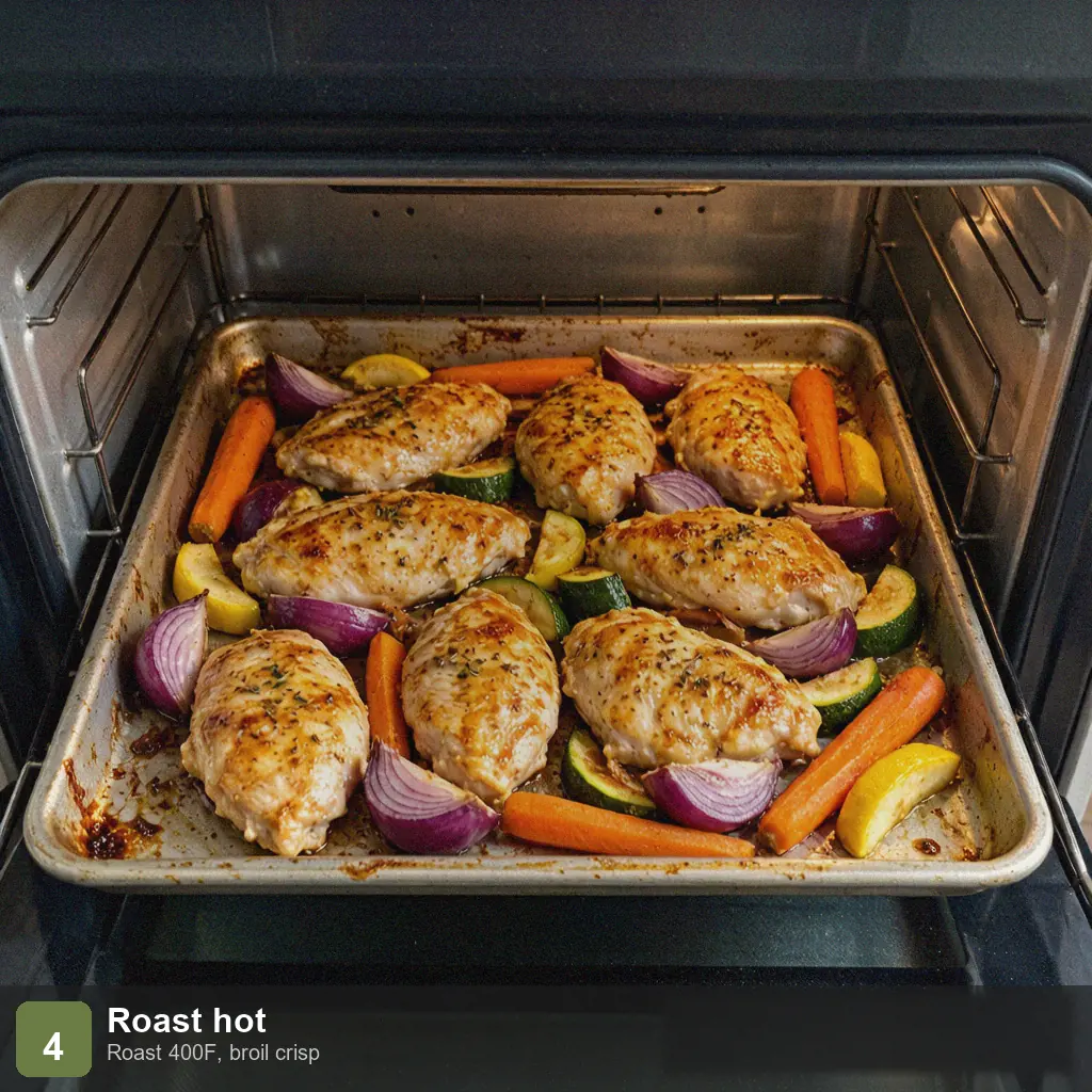 Low sodium sheet pan dinner step 4: roasting in oven at 400F, chicken golden, veggies caramelized