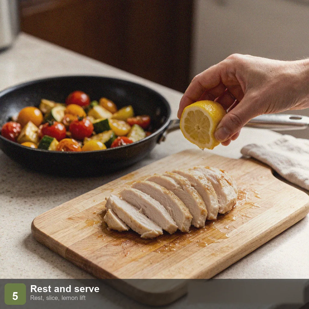 Low sodium sheet pan dinner step 5: rested chicken sliced, veggies on pan, lemon juice squeezed, no salt