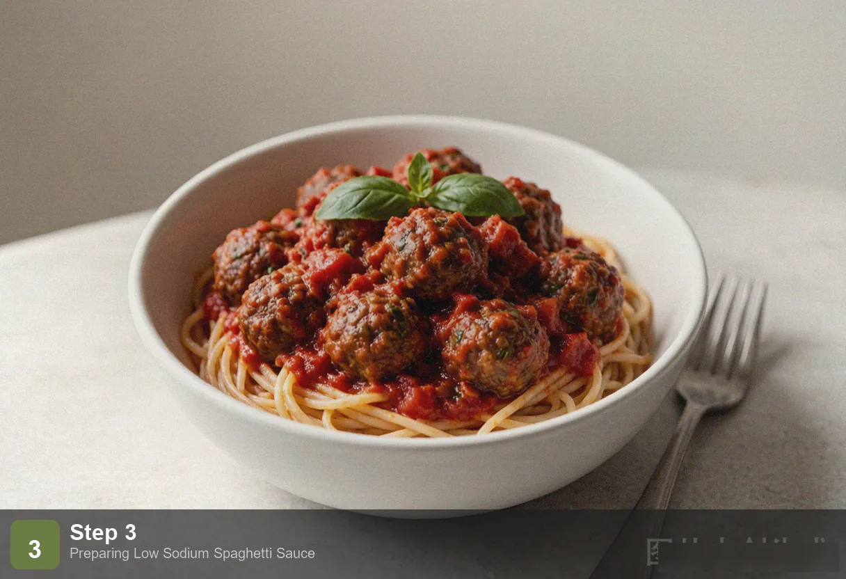 Low sodium spaghetti sauce step 3: crushed tomatoes added to the pan, simmering uncovered, steam rising