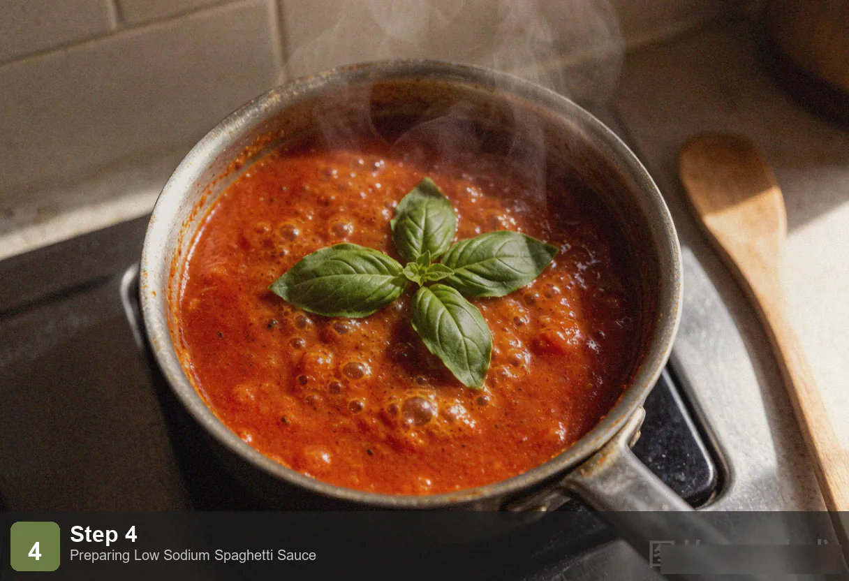 Low sodium spaghetti sauce step 4: sauce thickening in the pan, rich red color, wooden spoon stirring