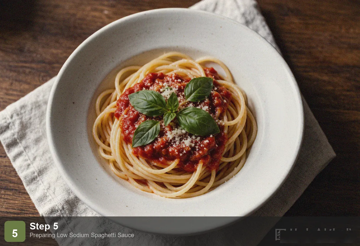 Low sodium spaghetti sauce step 5: finished marinara sauce with fresh basil leaves, in a bowl next to cooked spaghetti