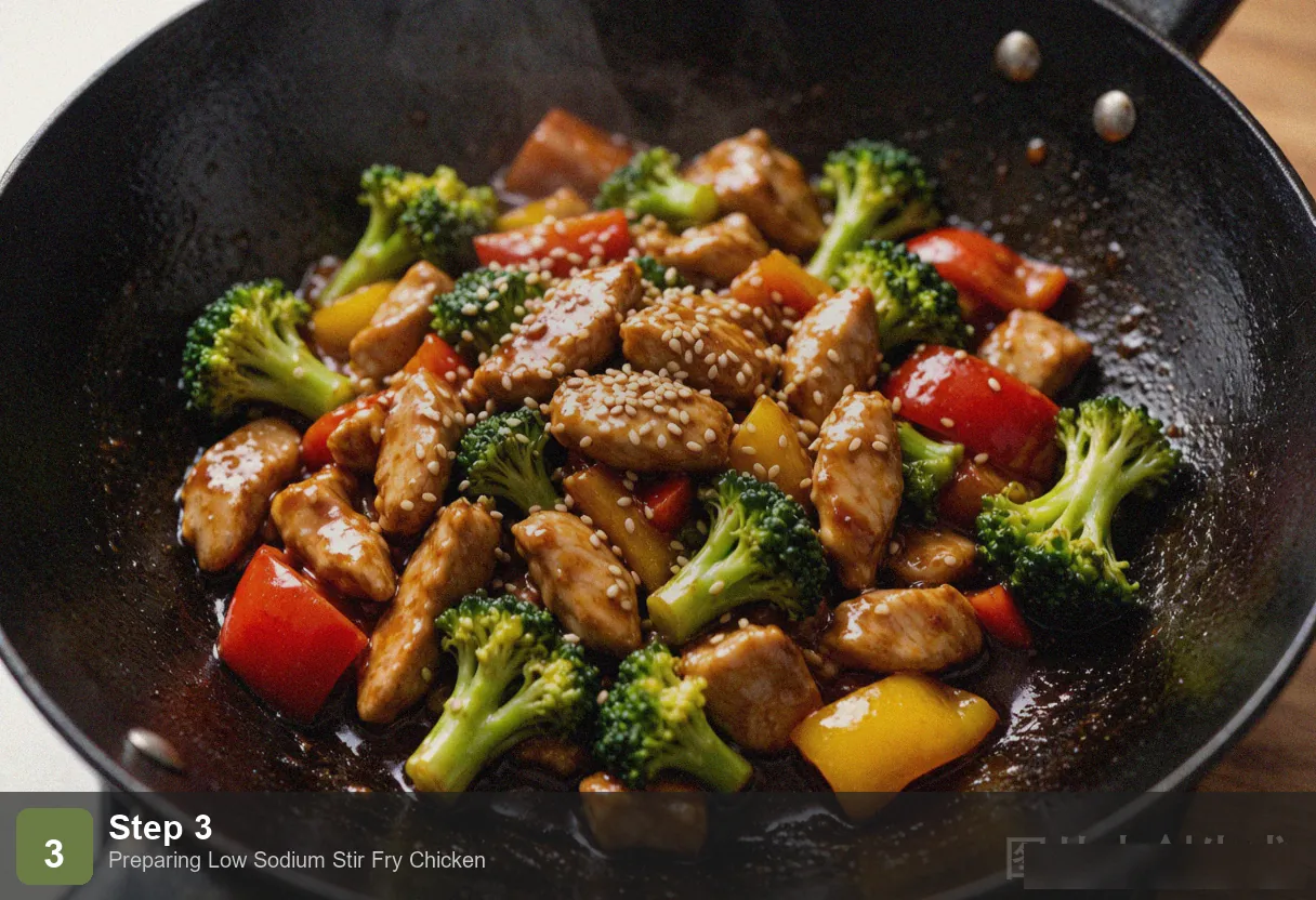 Low sodium stir fry chicken step 3: chicken breast slices stir frying in a hot wok, starting to brown