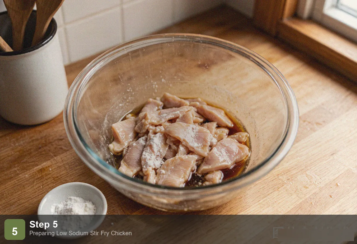 Low sodium stir fry chicken step 5: finished dish with glossy sauce coating chicken and vegetables, garnished with scallions