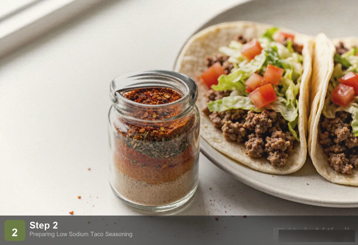 Low sodium taco seasoning step 2: spices being mixed together in a bowl, uniform red-brown color forming