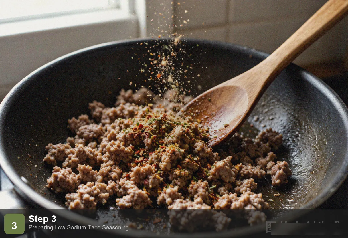 Low sodium taco seasoning step 3: finished seasoning in a labeled glass jar with lid, stored on a pantry shelf