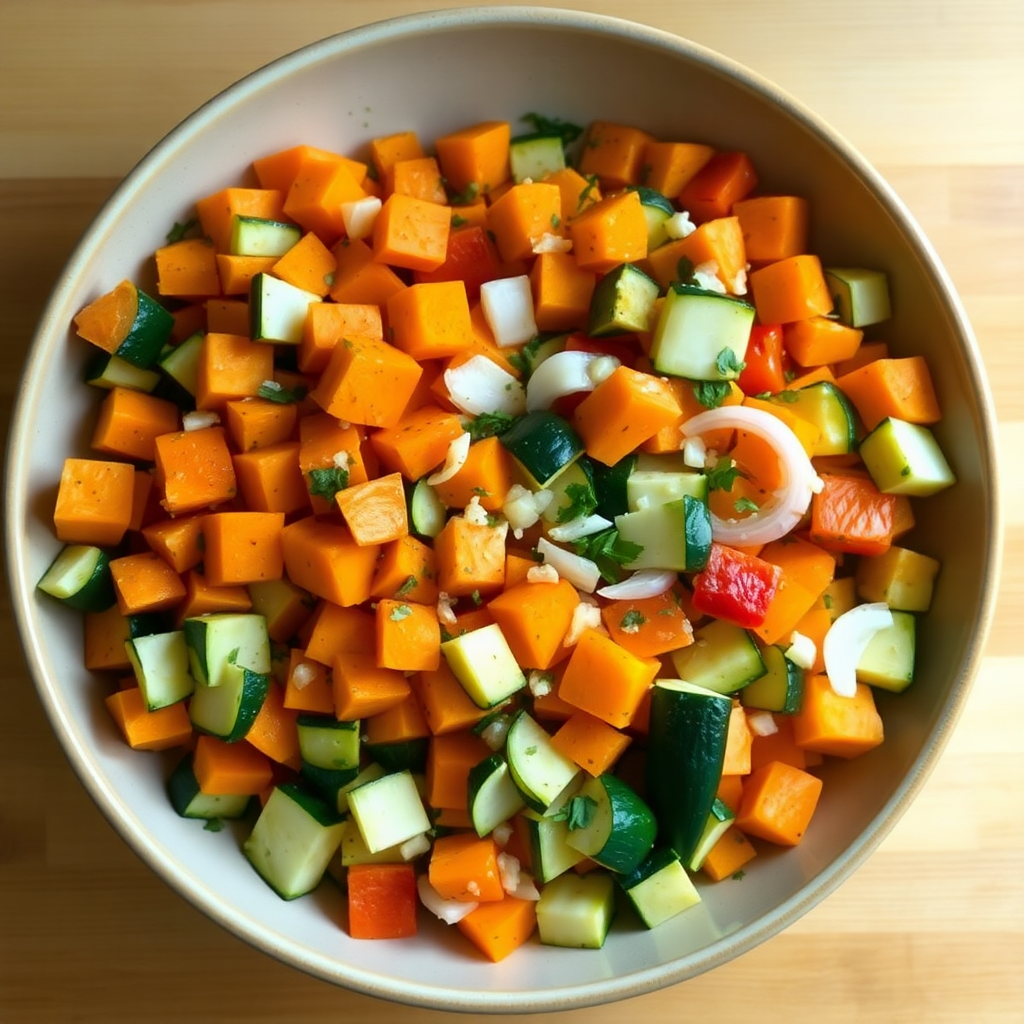 Low sodium vegetable soup step 1: colorful diced vegetables — carrots, celery, onion, tomatoes and zucchini on a cutting board, neatly arranged