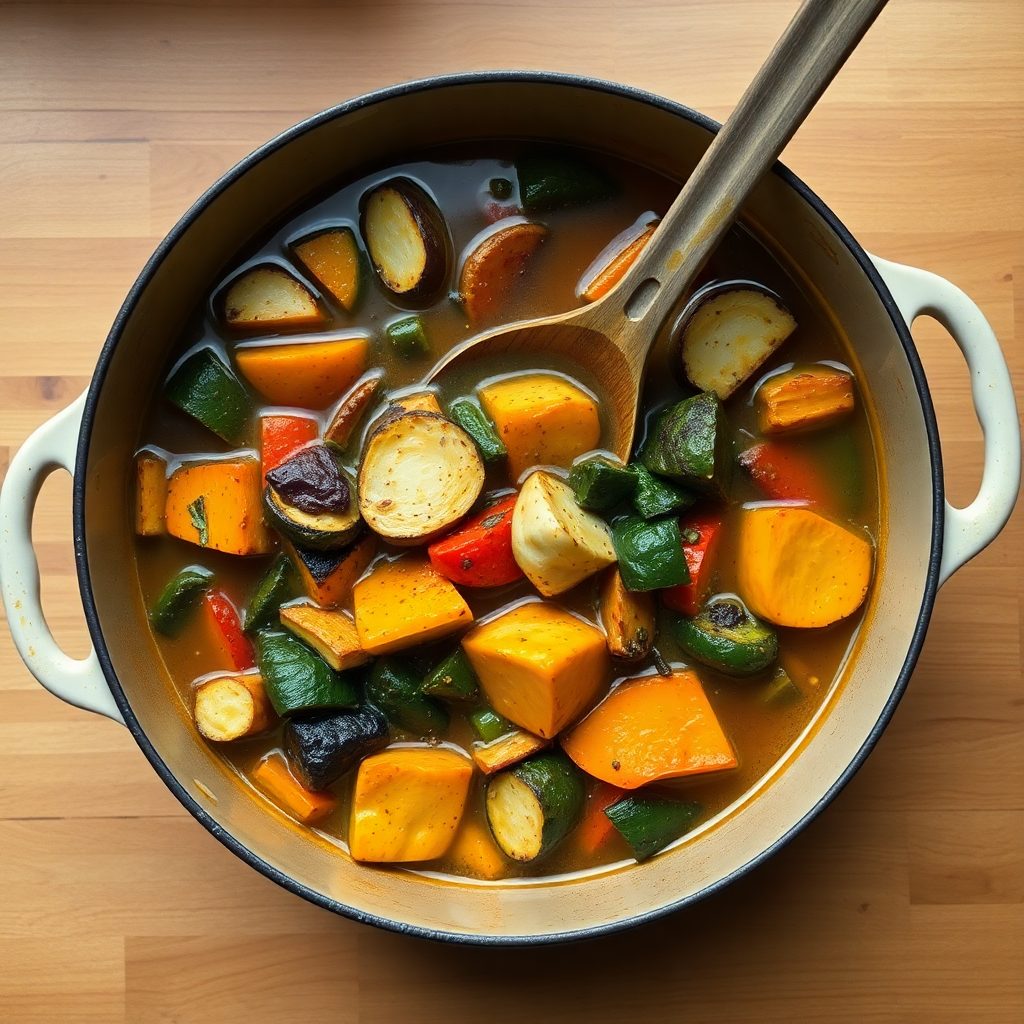 Low sodium vegetable soup step 3: diced carrots, celery and tomatoes added to the pot with vegetable broth, herbs being added, bringing to a boil
