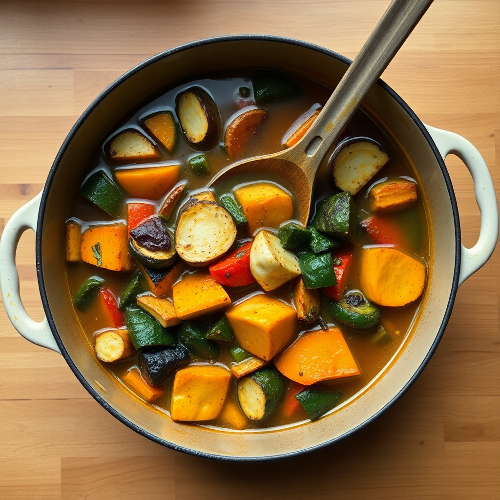 Low sodium vegetable soup step 3: diced carrots, celery and tomatoes added to the pot with vegetable broth, herbs being added, bringing to a boil