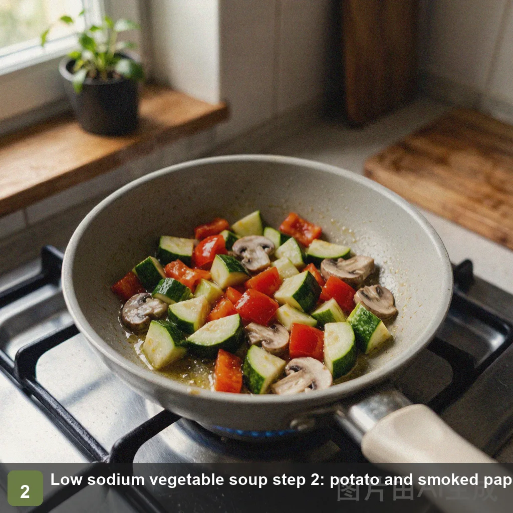 Low sodium vegetable soup step 2: potato and smoked paprika stirred into the softened vegetables