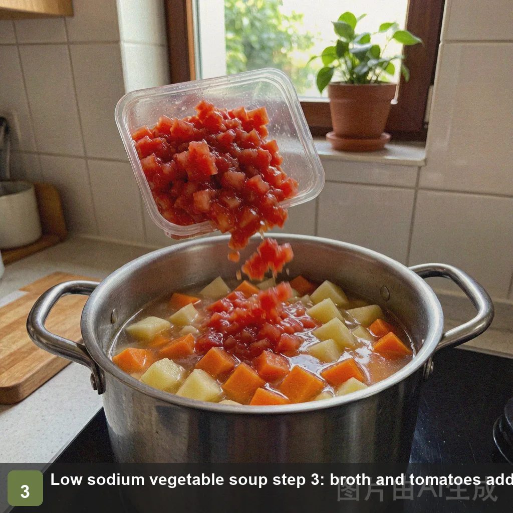 Low sodium vegetable soup step 3: broth and tomatoes added, soup simmering gently