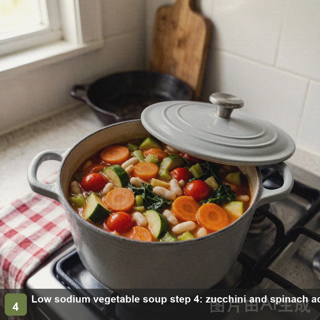 Low sodium vegetable soup step 4: zucchini and spinach added near the end of cooking