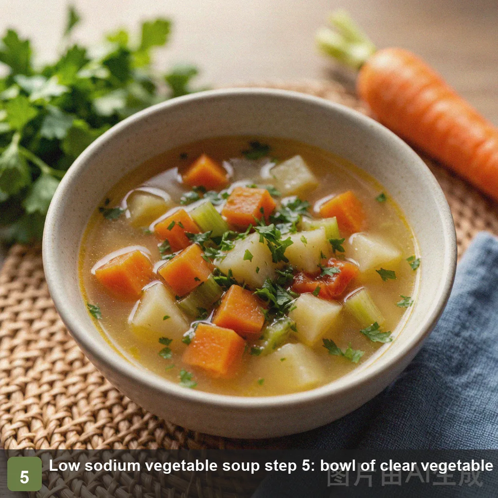 Low sodium vegetable soup step 5: bowl of clear vegetable soup with herbs, ready to serve