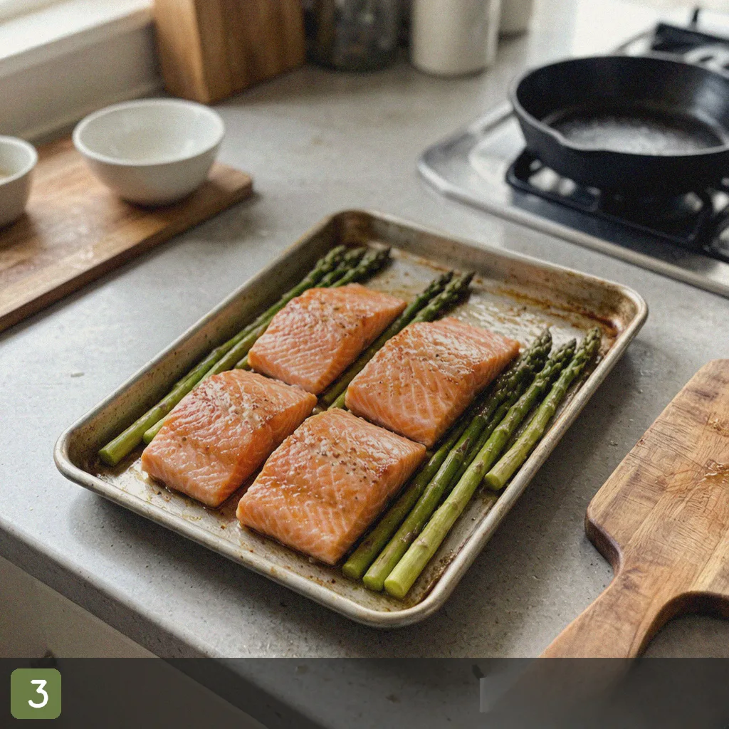 Meal prep salmon step 3: arrange salmon with asparagus