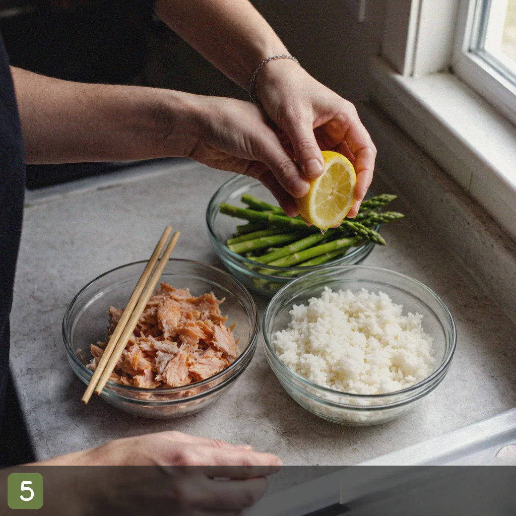 Meal prep salmon step 5: assemble salmon bowls