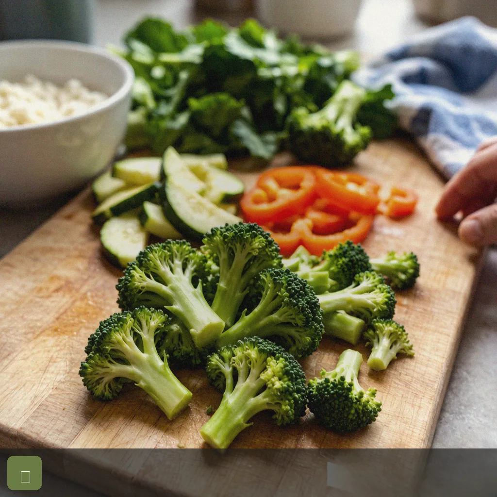 Meal prep vegetables step 1: chop broccoli peppers zucchini