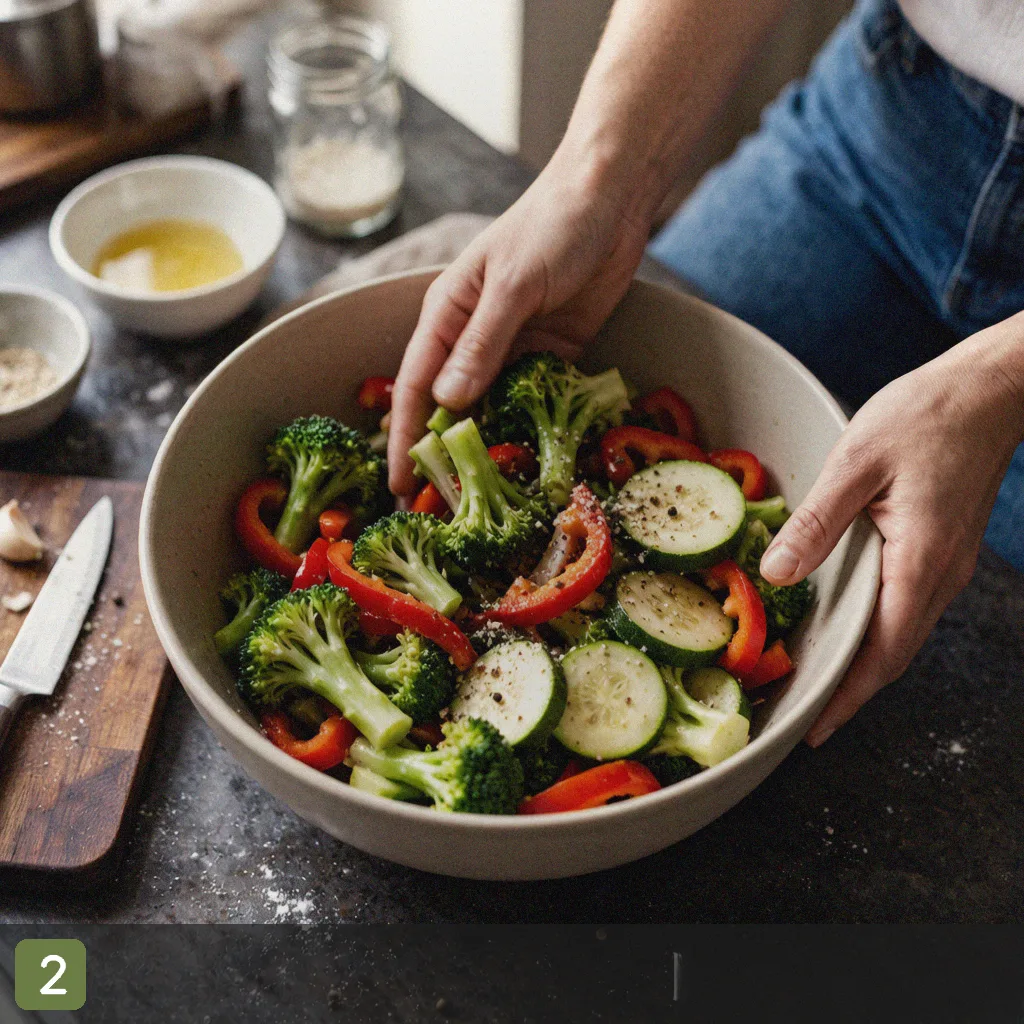 Meal prep vegetables step 2: toss veggies in oil and herbs