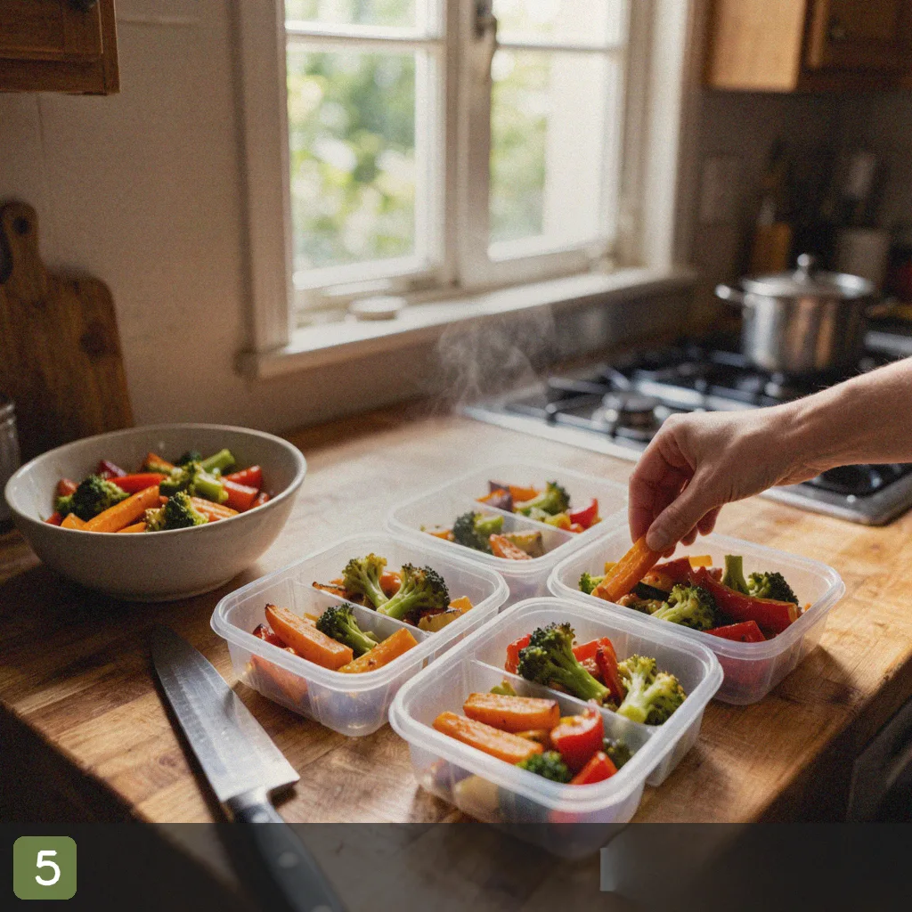 Meal prep vegetables step 5: portion into containers