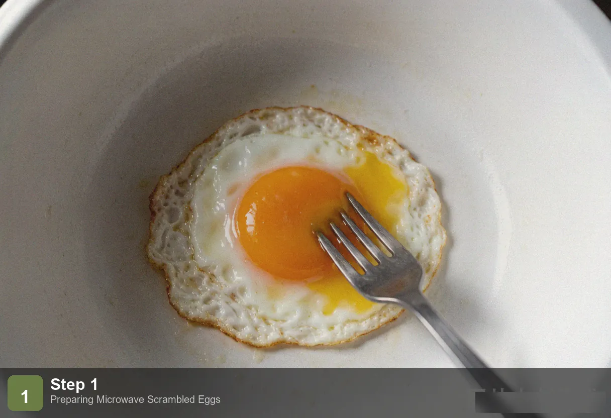 Microwave scrambled eggs step 1: two eggs cracked into a mug with milk and butter, being whisked with a fork until uniform yellow Microwave scrambled eggs step 1: two eggs cracked into a mug with milk and butter, being whisked with a fork until uniform yellow