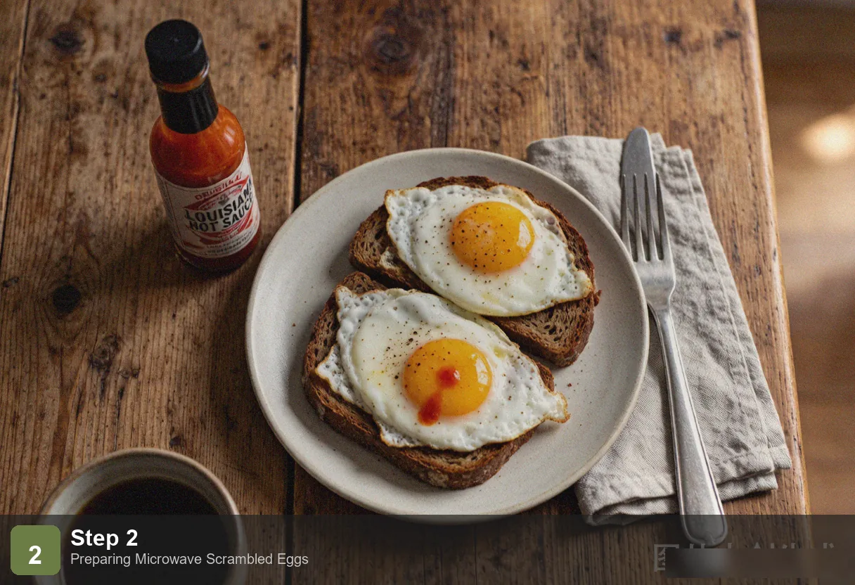 Microwave scrambled eggs step 2: egg partially cooked after 30 seconds, edges set and center still liquid, being stirred with fork Microwave scrambled eggs step 2: egg partially cooked after 30 seconds, edges set and center still liquid, being stirred with fork