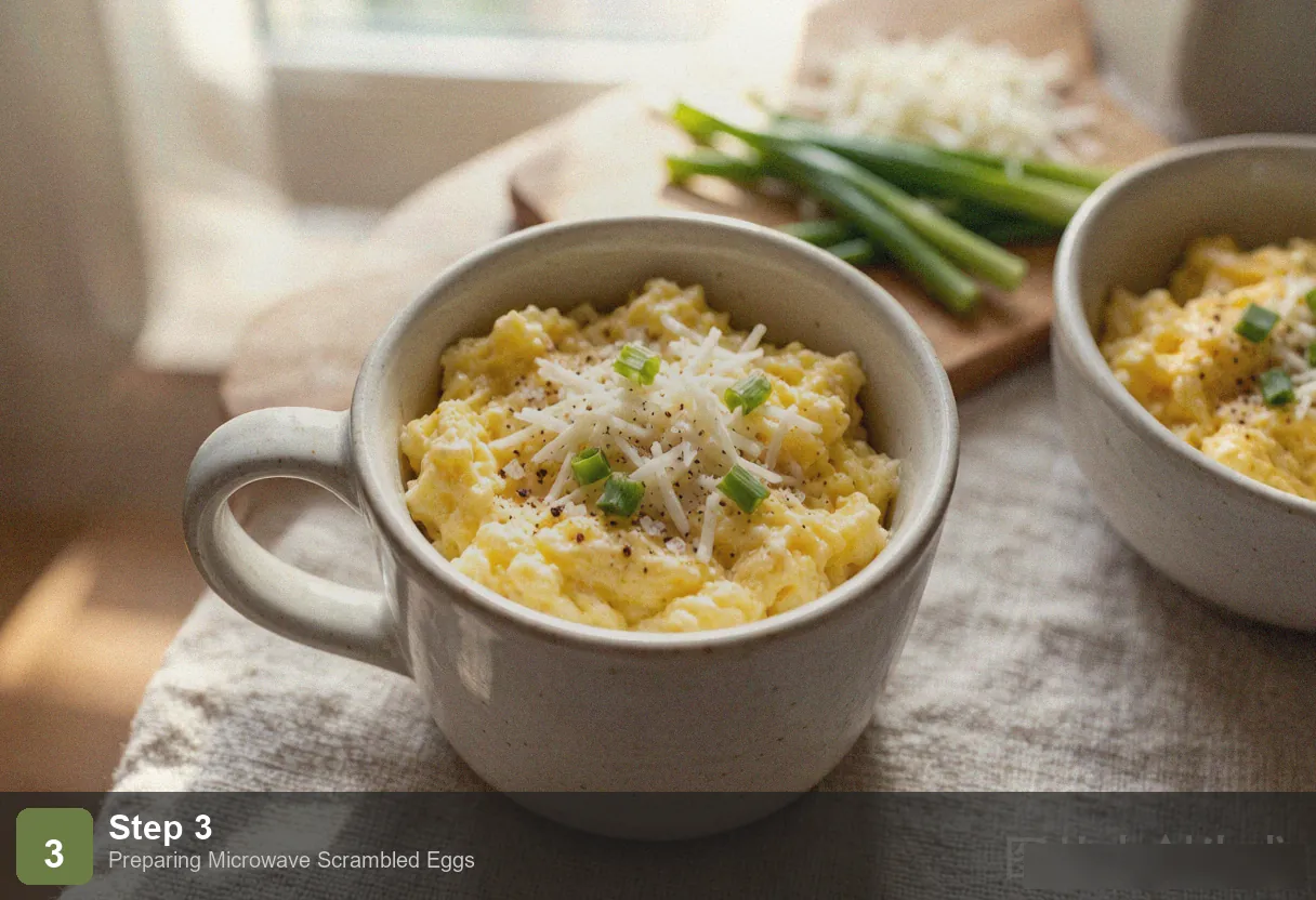 Microwave scrambled eggs step 3: egg mostly set after second microwave, slightly moist on surface, fluffy curds formed Microwave scrambled eggs step 3: egg mostly set after second microwave, slightly moist on surface, fluffy curds formed