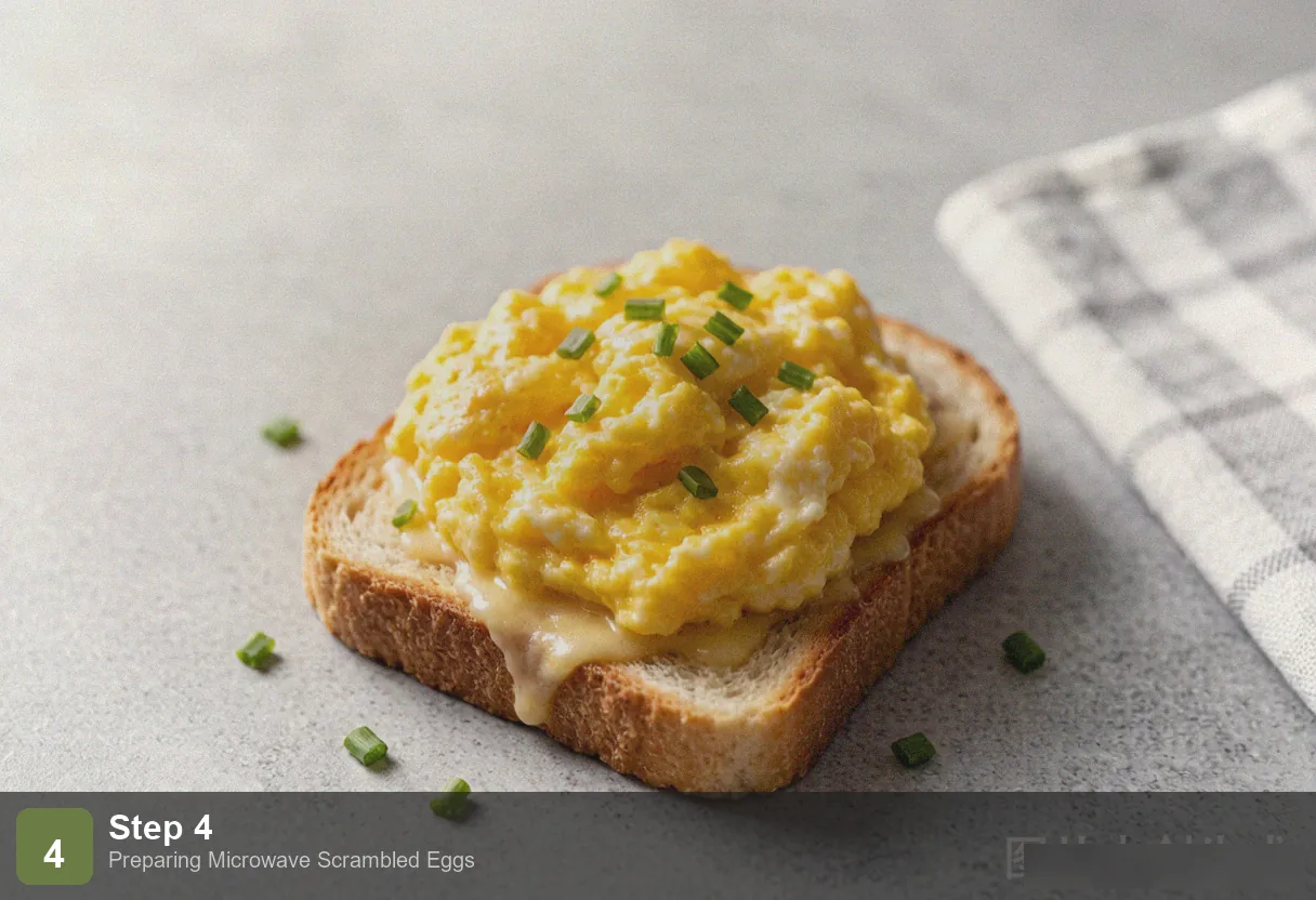Microwave scrambled eggs step 4: finished fluffy eggs in mug, seasoned with salt and pepper, topped with cheese and scallions Microwave scrambled eggs step 4: finished fluffy eggs in mug, seasoned with salt and pepper, topped with cheese and scallions