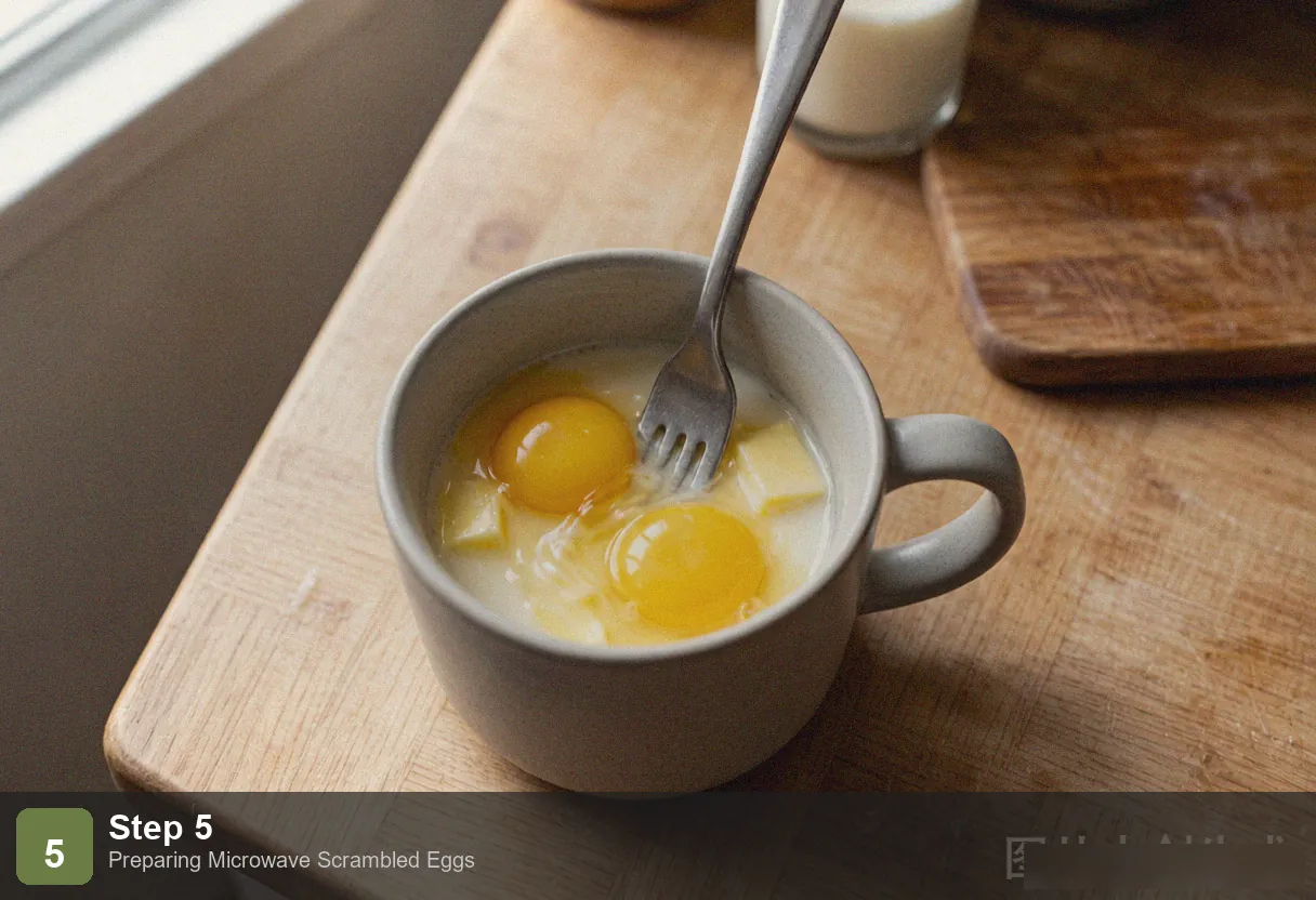 Microwave scrambled eggs step 5: eggs served on toast with hot sauce, alongside a cup of coffee, simple breakfast spread Microwave scrambled eggs step 5: eggs served on toast with hot sauce, alongside a cup of coffee, simple breakfast spread