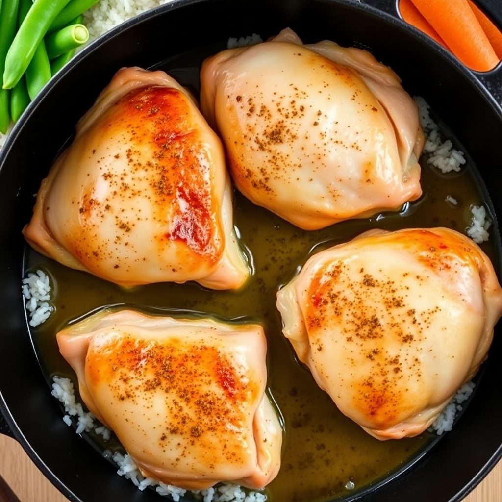 One-pot chicken and rice step 2: chicken thighs browning in a deep skillet, skin turning golden and crispy, being flipped Chicken thighs browning in a skillet