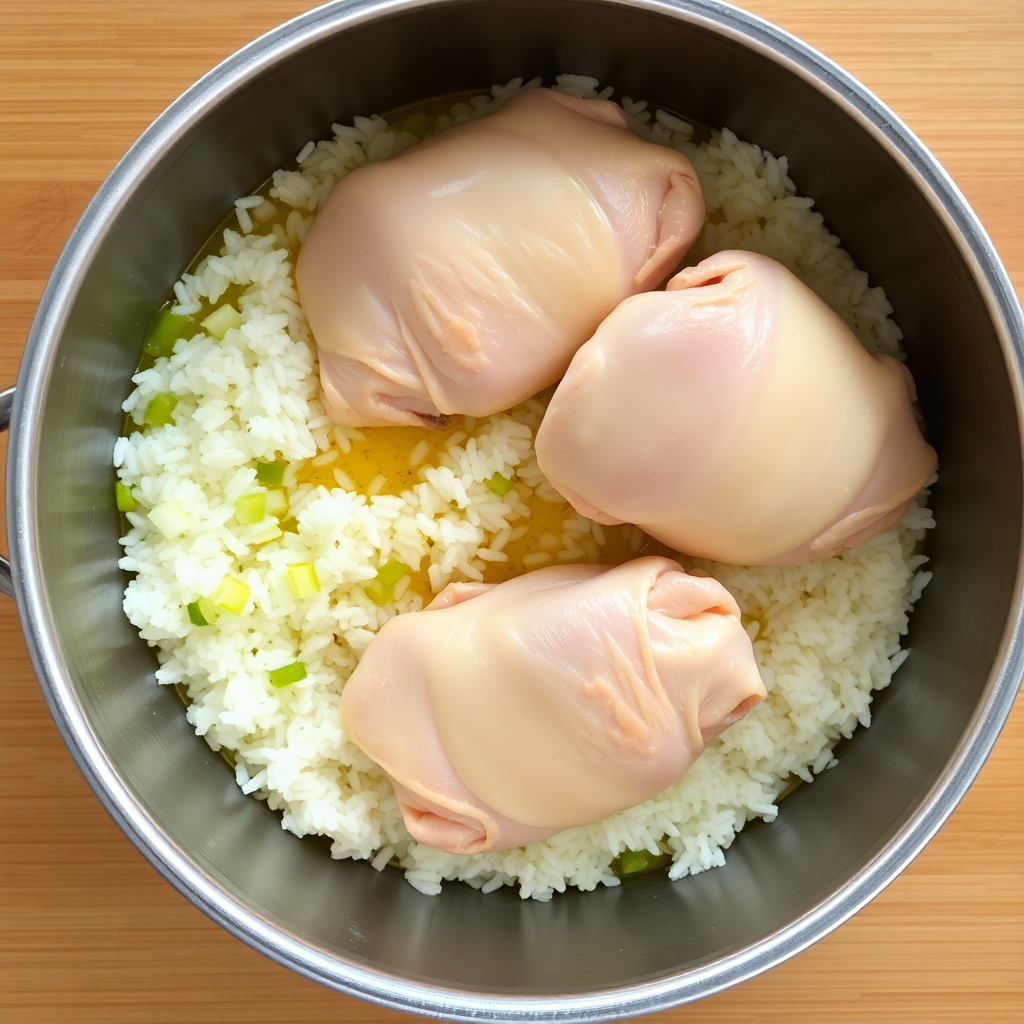 Rice being toasted in the skillet with onion and garlic