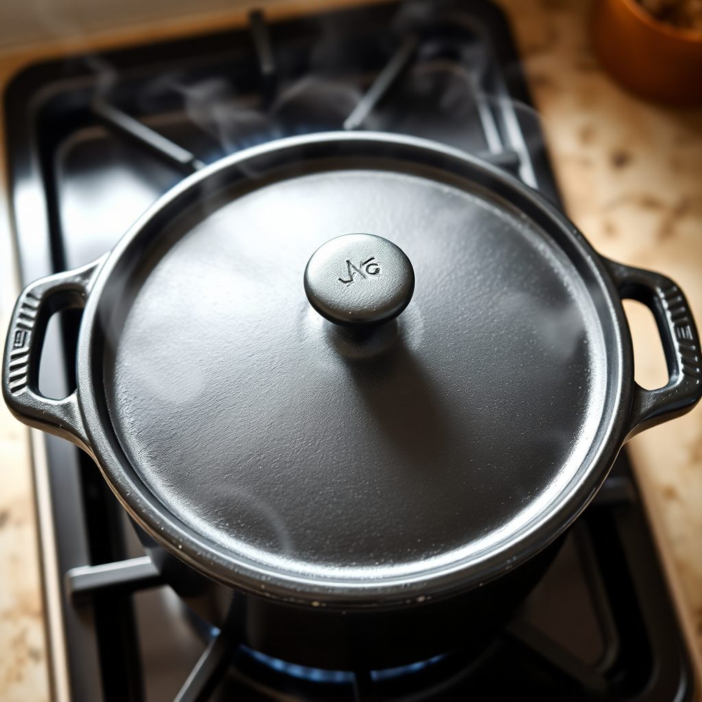 One-pot chicken and rice step 4: skillet covered with lid, chicken thighs on top of rice, steam visible from edges, simmering on low heat Skillet covered with lid, chicken on top of rice