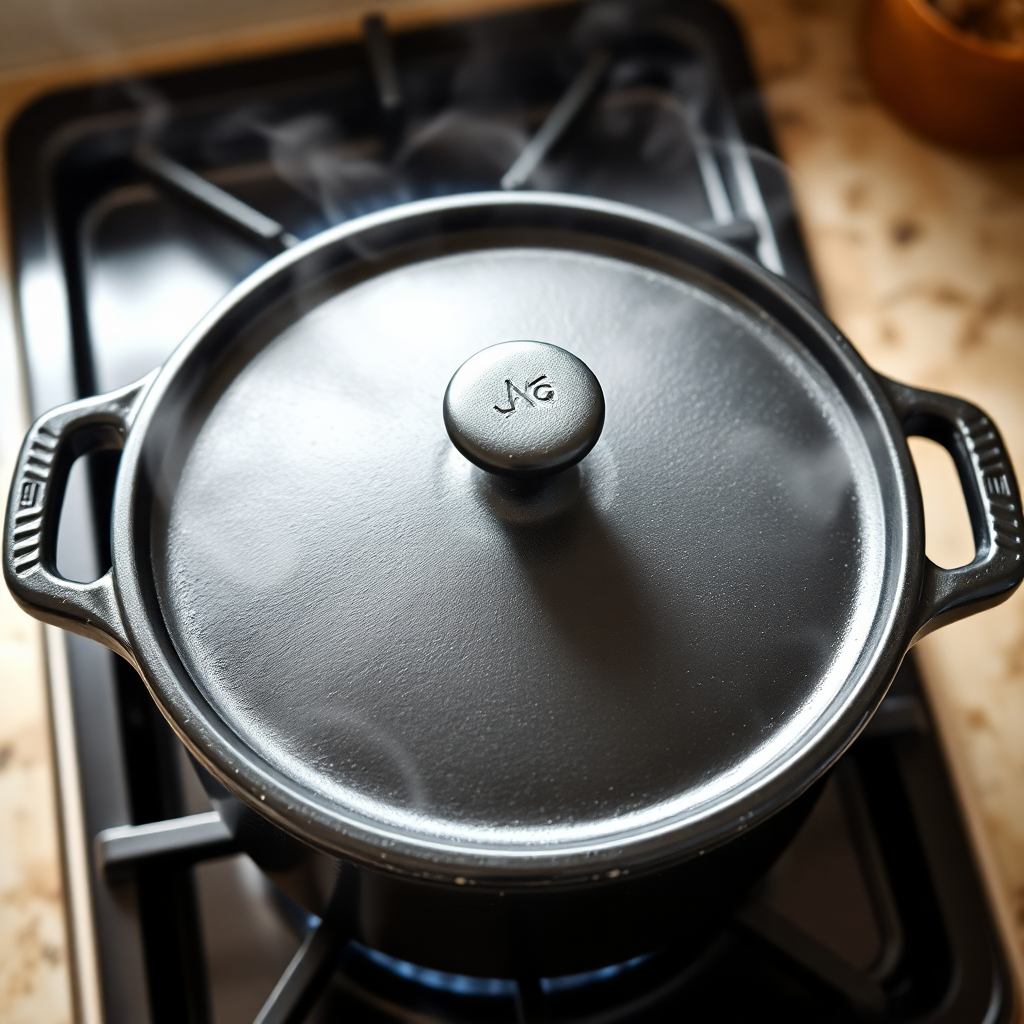 Skillet covered with lid, chicken on top of rice