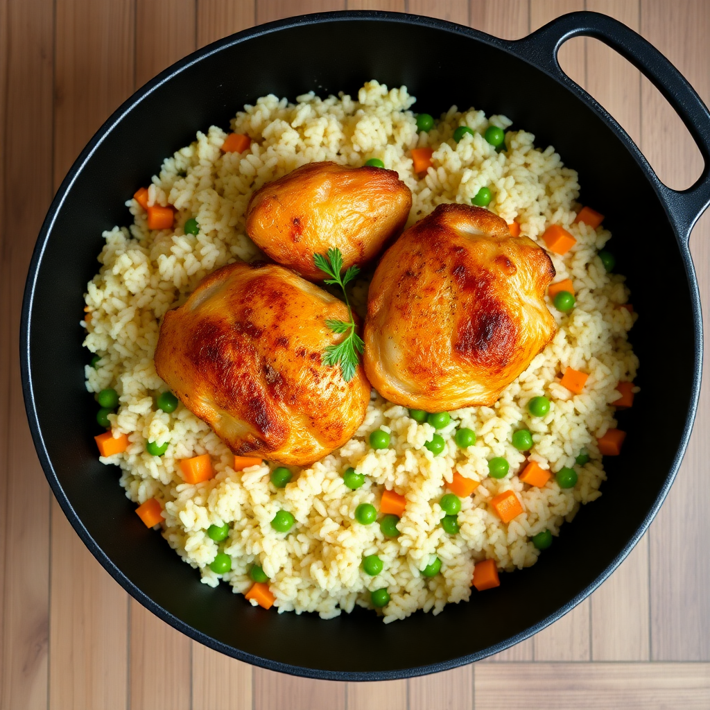 Lid removed, rice fluffed, chicken and rice ready to serve
