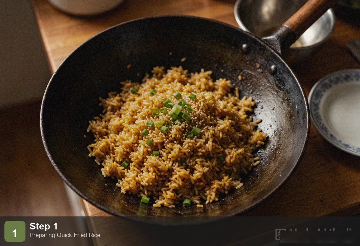 Quick fried rice step 1: all ingredients prepped and arranged on counter - cold rice broken up, beaten egg, diced vegetables, mixed sauce Quick fried rice step 1: all ingredients prepped and arranged on counter - cold rice broken up, beaten egg, diced vegetables, mixed sauce