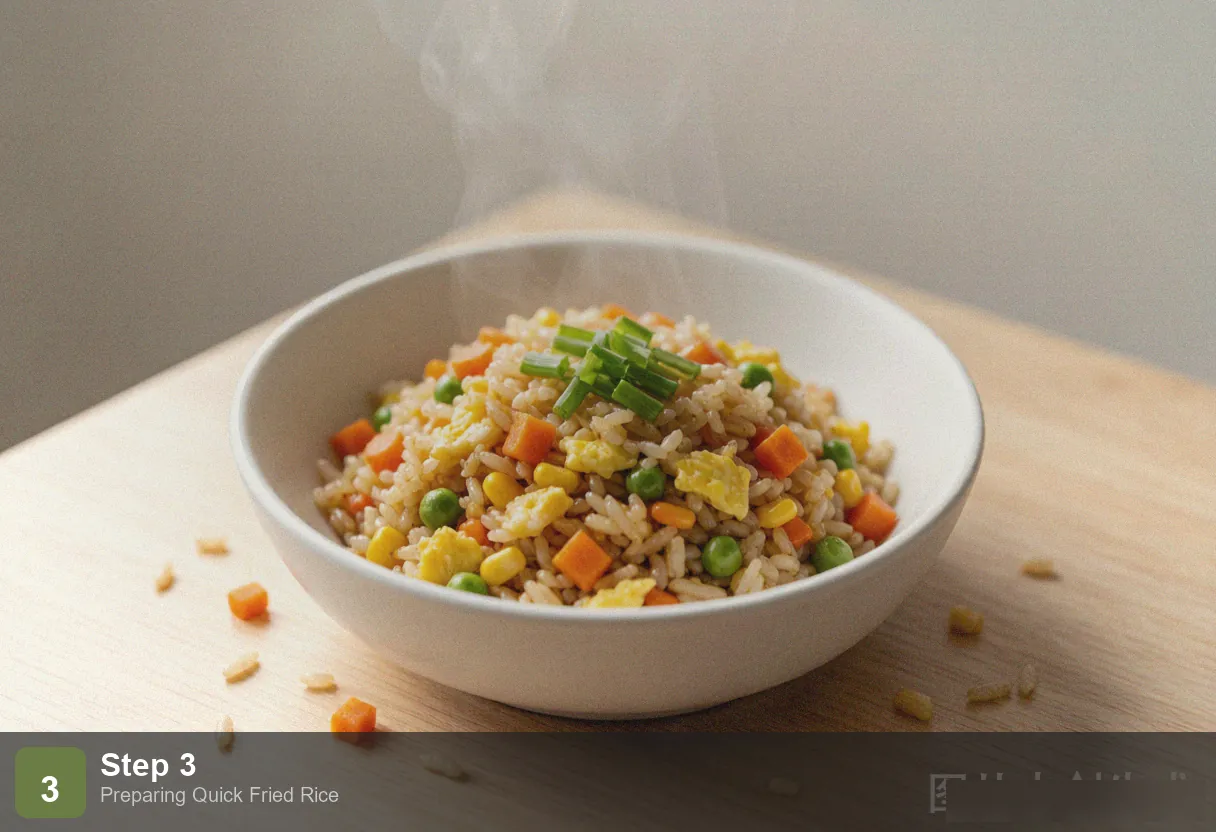 Quick fried rice step 3: onions, garlic and frozen vegetables stir frying in hot wok, vibrant colors Quick fried rice step 3: onions, garlic and frozen vegetables stir frying in hot wok, vibrant colors