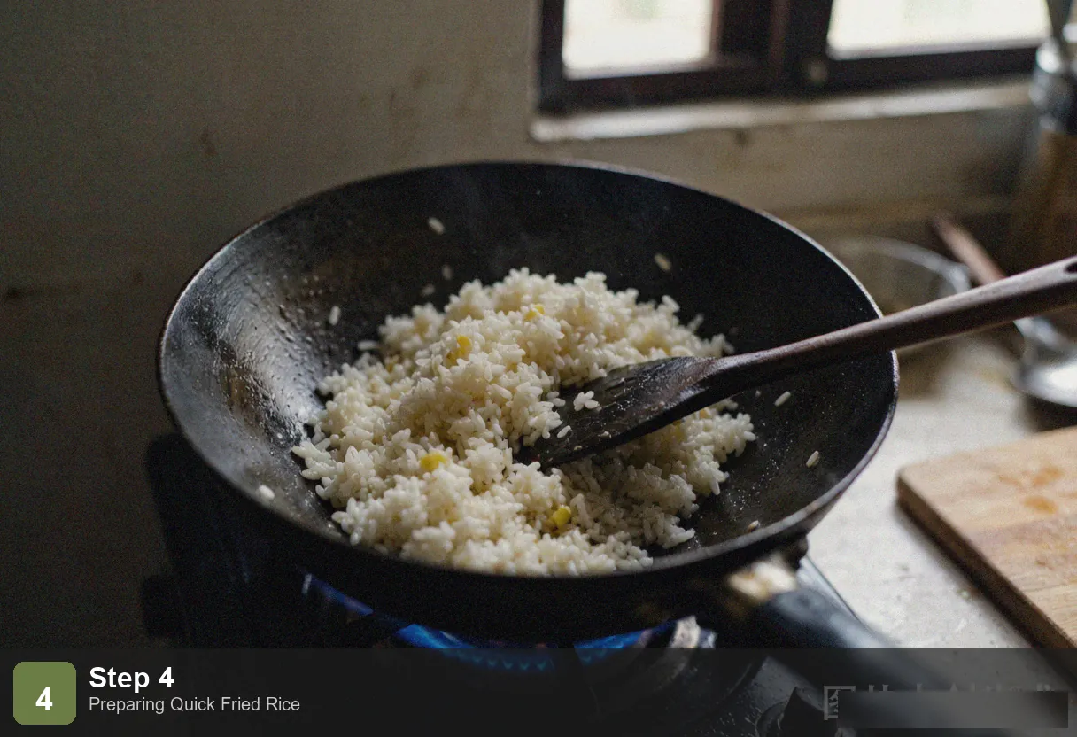 Quick fried rice step 4: rice being stir-fried over high heat, grains separating and becoming glossy in the wok Quick fried rice step 4: rice being stir-fried over high heat, grains separating and becoming glossy in the wok