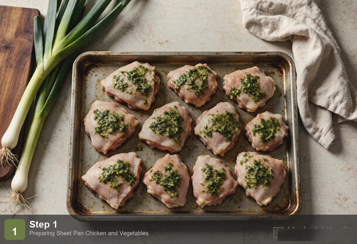 Sheet pan chicken step 1: chopped vegetables spread on a large baking sheet, drizzled with olive oil and seasonings Sheet pan chicken step 1: chopped vegetables spread on a large baking sheet, drizzled with olive oil and seasonings
