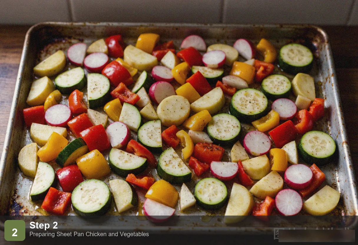 Sheet pan chicken step 2: chicken thighs seasoned with herb paste placed on the baking sheet skin-side up, next to vegetables Sheet pan chicken step 2: chicken thighs seasoned with herb paste placed on the baking sheet skin-side up, next to vegetables