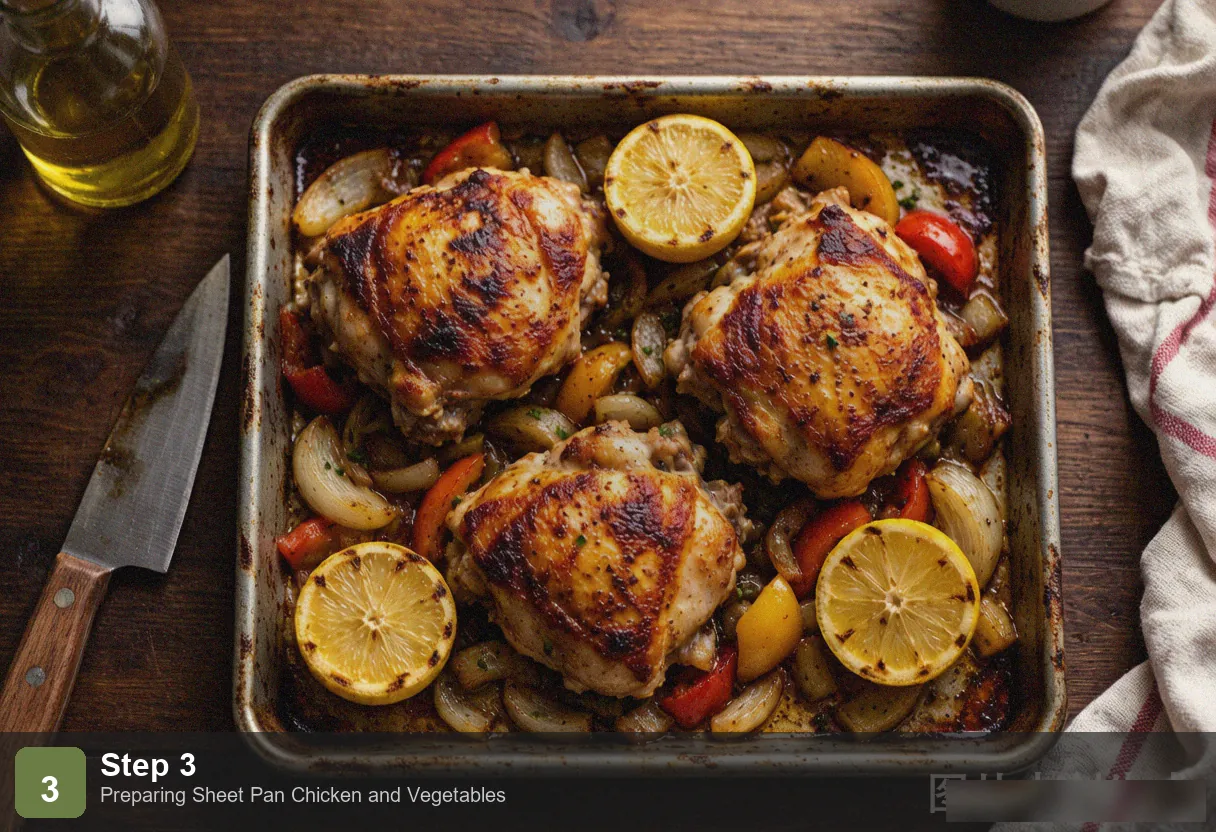 Sheet pan chicken step 3: baking sheet in the oven, chicken skin turning golden, vegetables starting to caramelize at edges Sheet pan chicken step 3: baking sheet in the oven, chicken skin turning golden, vegetables starting to caramelize at edges